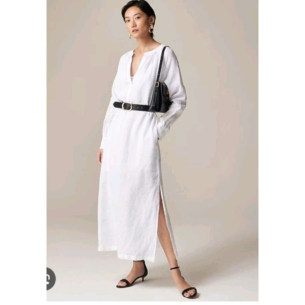 NWT J. Crew Size ST Tall Cabana dress in linen White Side Slits Slip Lined CI919